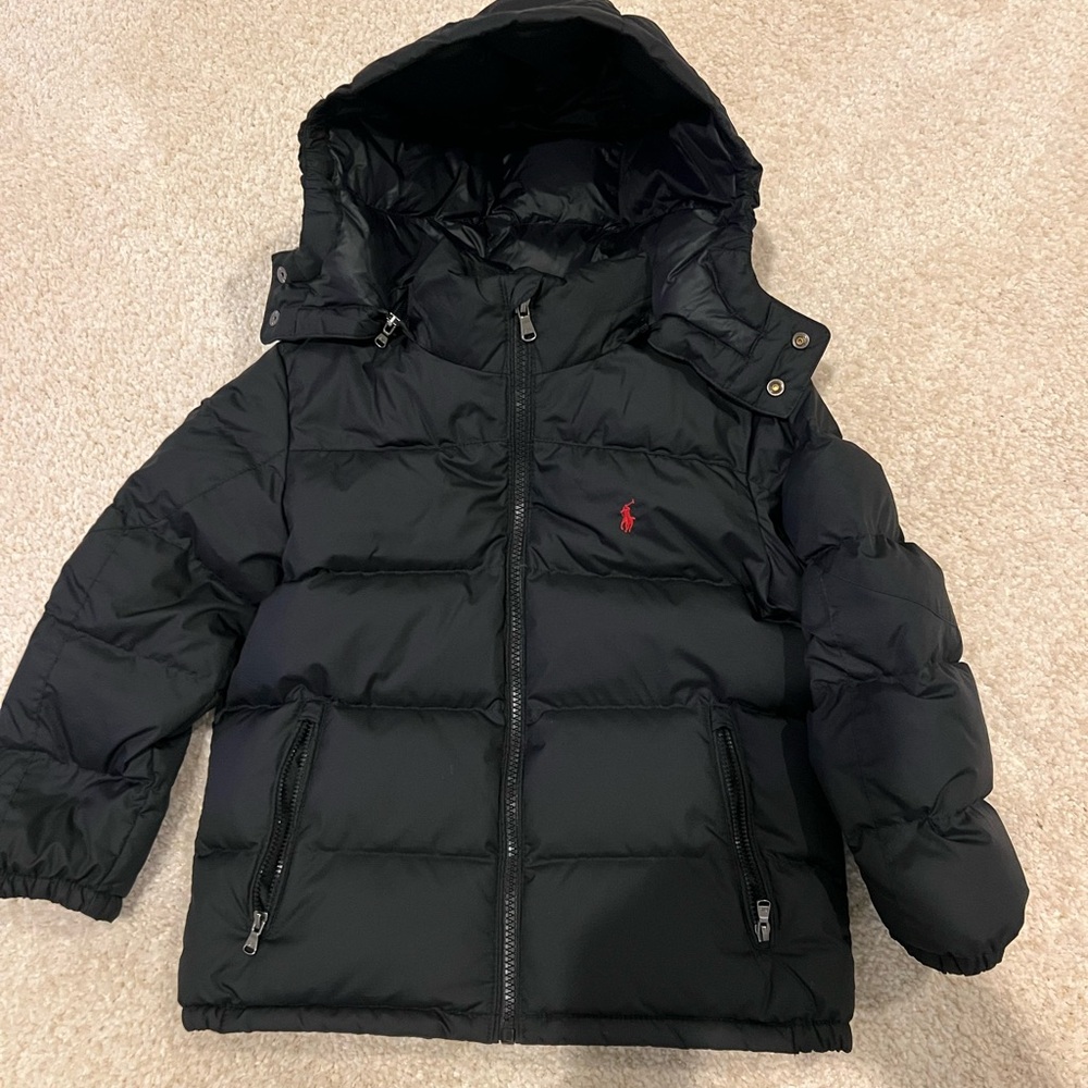 Ralph Lauren Kids Black Puffer Jacket with Red Logo with hat and gloves